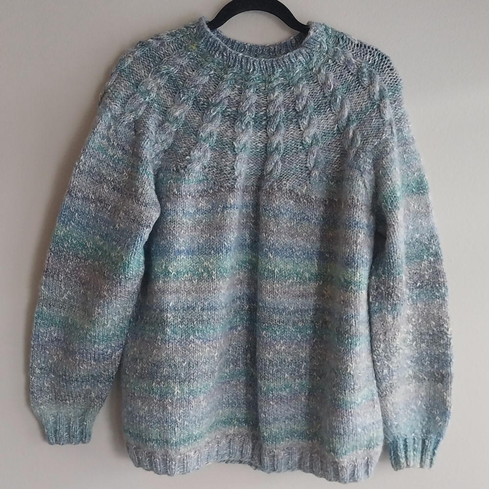 Vintage Hand Knit Blue & Gray Cable Knit Neckline Wool Blend Pullover Sweater